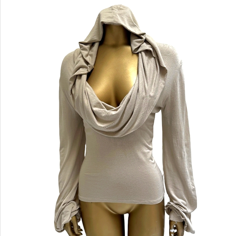 Cream Hooded Cowl Neck Blouse Long Open Sleeve Y2K Draped Neutral Shirt Top